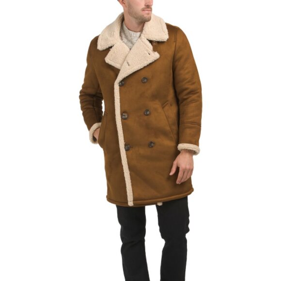 NEW GUESS Faux Shearling Double Breasted Overcoat cognac for men 364mn - Picture 1 of 7